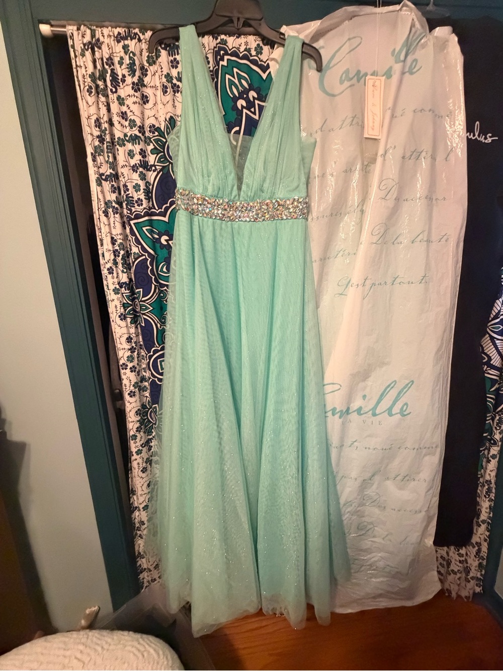 Light Aqua Tulle V-Neck Evening Dress